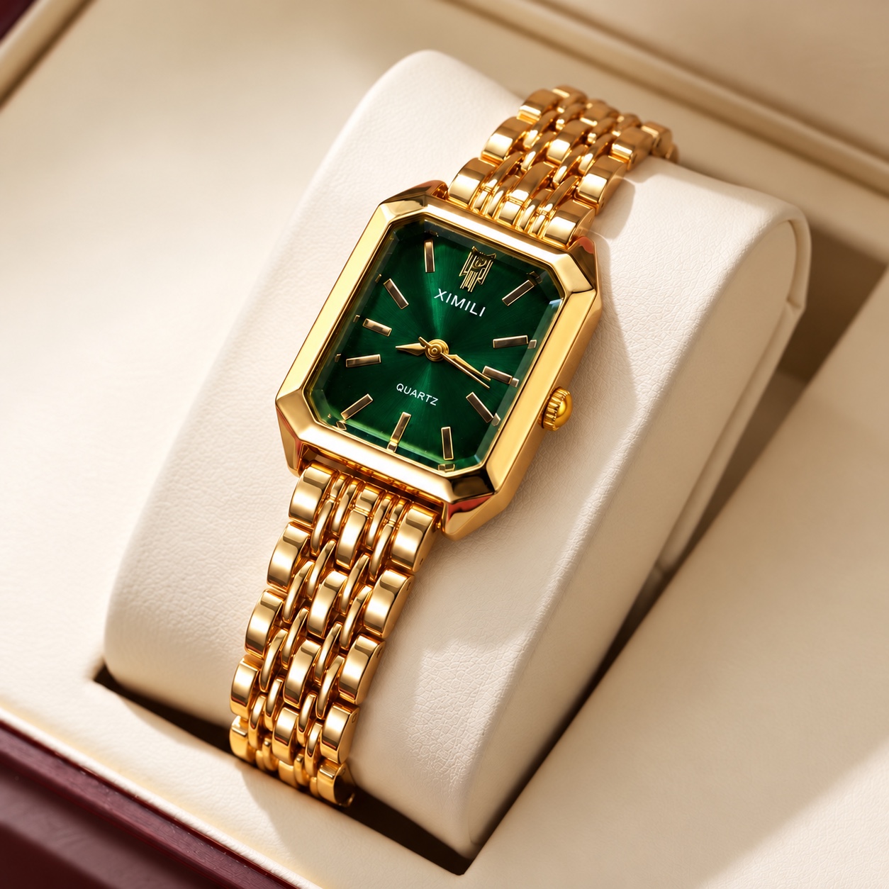 Green dial XIMILI watch on a cream cushion