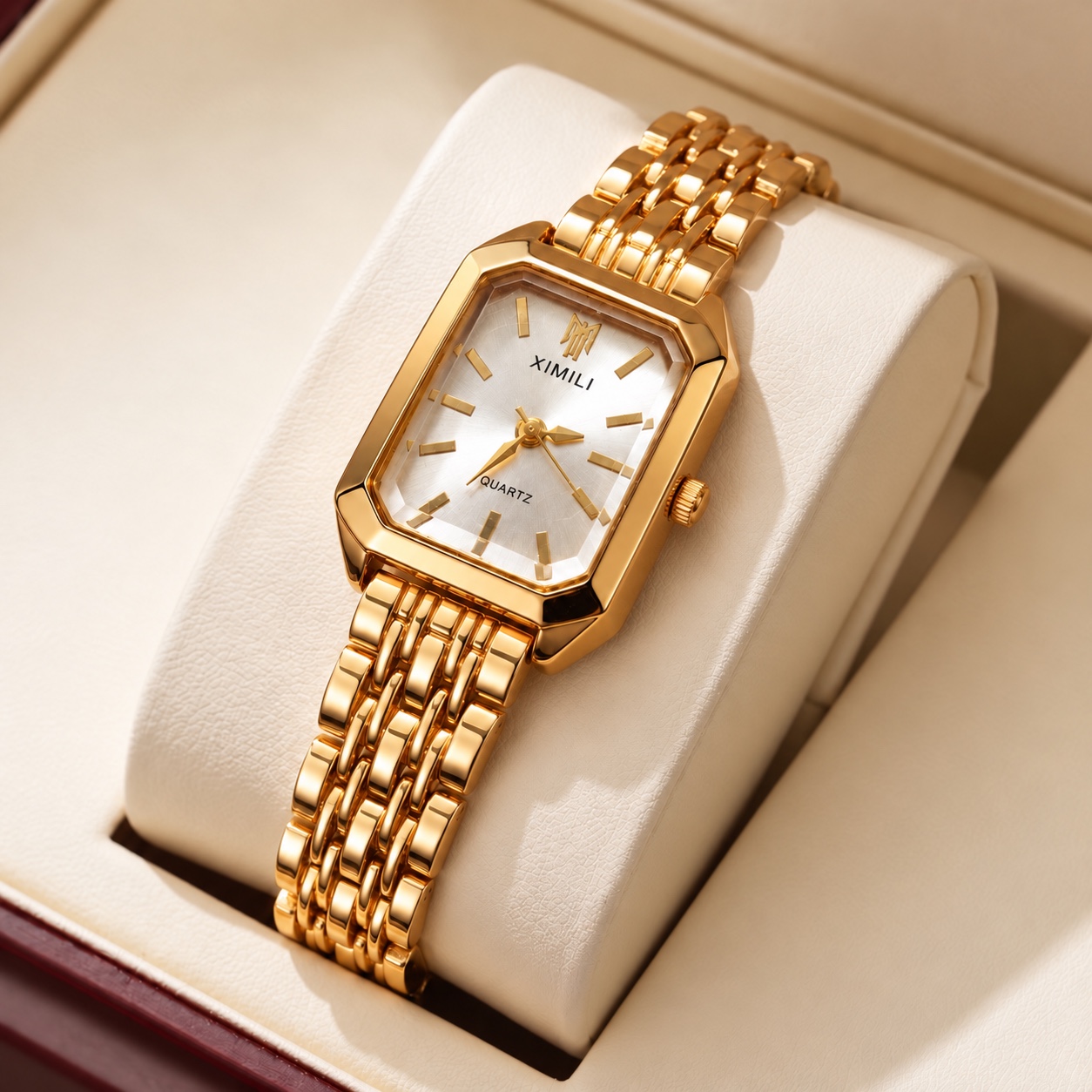 Silver-tone dial XIMILI watch on a cream cushion